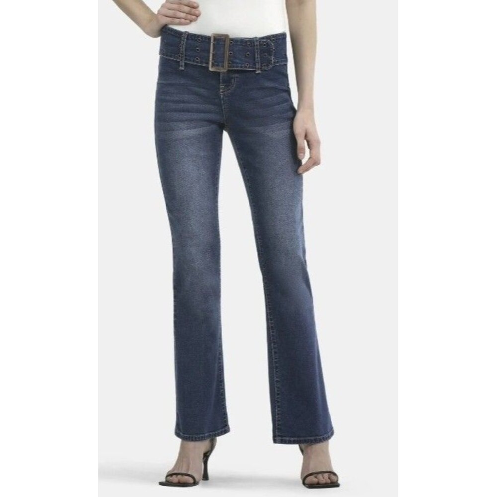 NEW Madden NYC Bootcut Jeans Sz 18 Medium Wash Grommet Belt Low Rise 32" Inseam